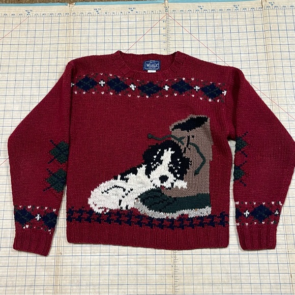 Woolrich 100% Wool Vintage Sweater Dog- Puppy Boot Size Medium- 2 sided design - Picture 12 of 17